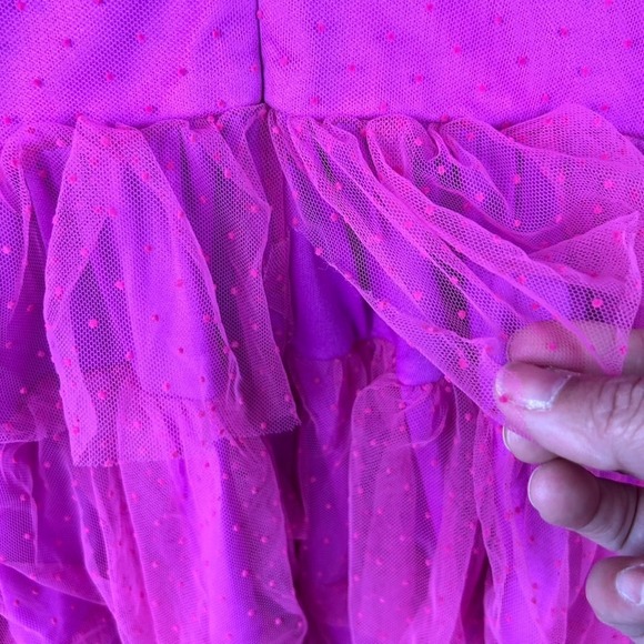 LULUS Dramatic Poise Hot Pink Dot Tulle Puff Sleeve Tiered Mini Dress XXS - Picture 14 of 16